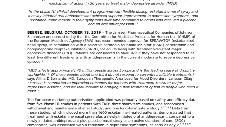Janssen receives positive CHMP opinion for Spravato (esketamine) nasal spray for adults with treatment-resistant major depressive disorder