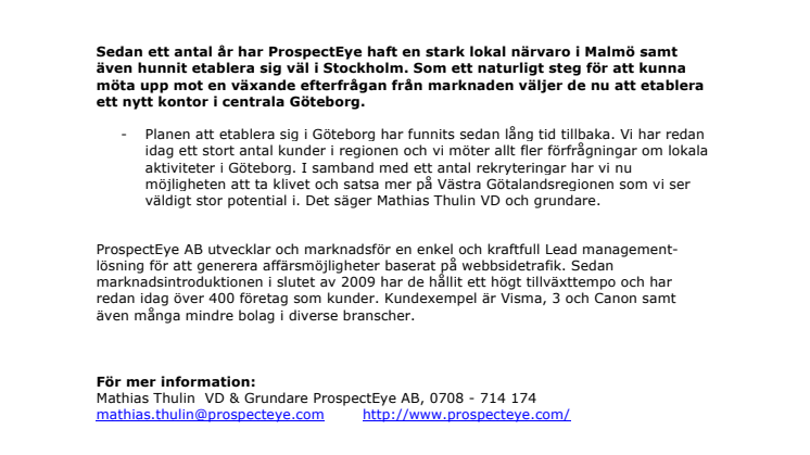 ProspectEye etablerar kontor i Göteborg