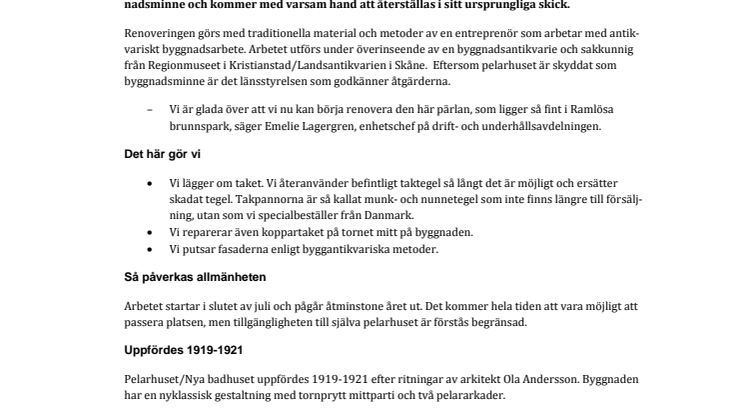 Nu renoverar vi pelarhuset i Ramlösa brunnspark