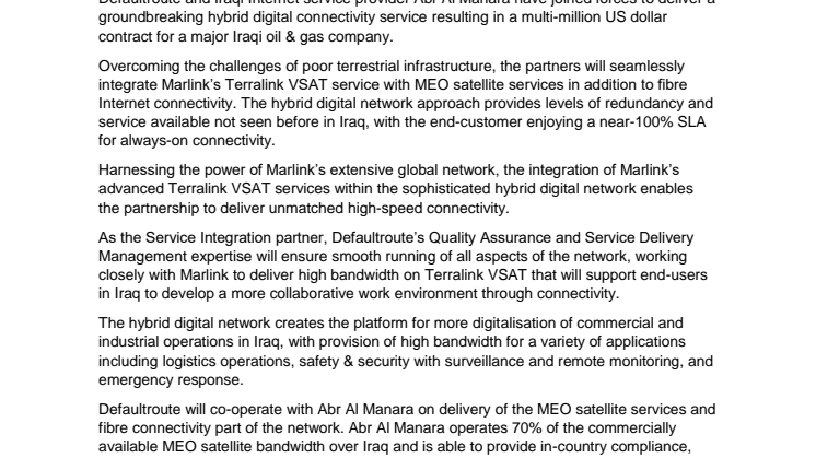 Marlink: Marlink to build unique hybrid digital network solution with local partners in Iraq to provide oil & gas companies with step-change Internet connectivity 