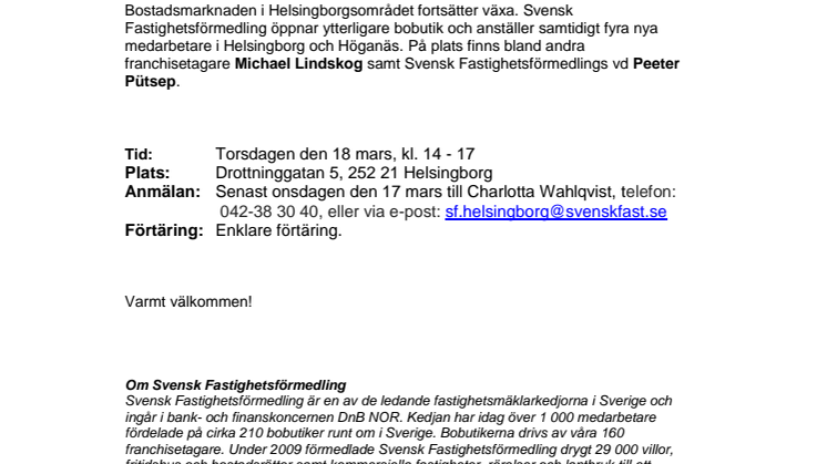 Pressinbjudan: Svensk Fastighetsförmedling inviger bobutik i Helsingborg 