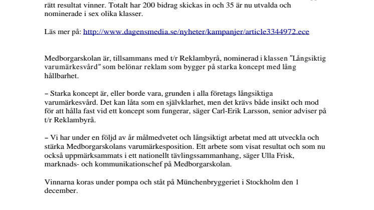Medborgarskolan nominerad till prestigefyllt reklampris