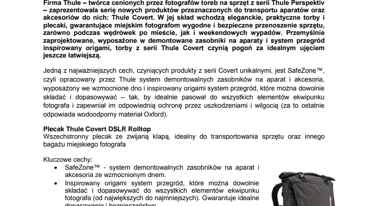 Thule rozwija linię toreb na sprzęt fotograficzny – prezentując serię Thule Covert dla miejskich fotografów