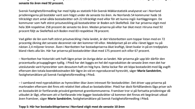Här har bostadspriserna stigit mest i Norrland – kommun för kommun