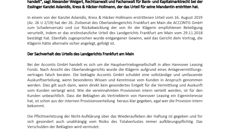 Anlegerfreundliches Urteil gegen die Accontis GmbH Finanzanlagen und Beteiligungen zugunsten einer geschädigten Anlegerin des geschlossenen Fonds Hannover Leasing Fonds 182 Life Invest Deutschland II 