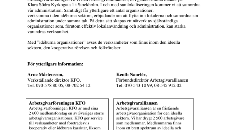 Arbetsgivarföreningen KFO och Arbetsgivaralliansen flyttar ihop för att skapa ett hus för idéburna sektorns organisationer