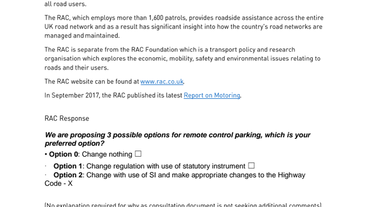 RAC response to the CCAV consultation on remote control parking and motorway assist
