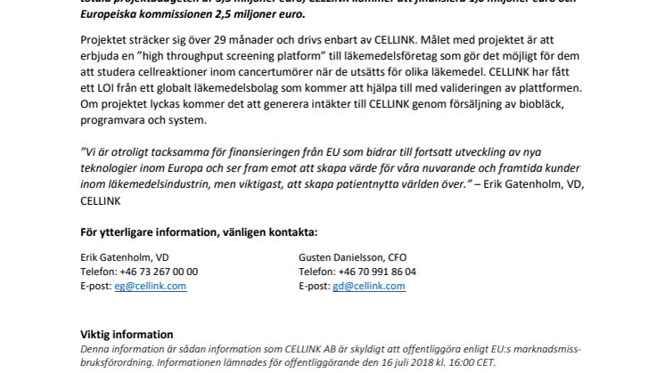 CELLINK beviljas 2,5 miljoner euro i finansiering från EU för utvecklings - och kommersialiseringsprojektet "TumorPrint"