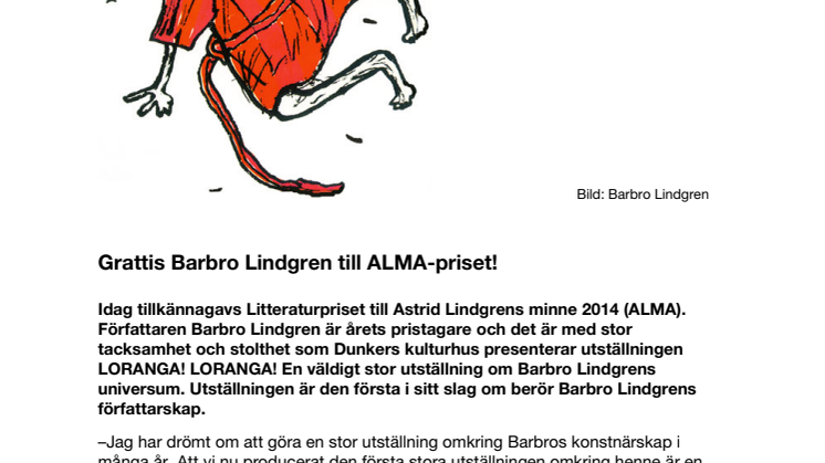 Barbro Lindgren vinner ALMA-priset och hennes universum visas på Dunkers