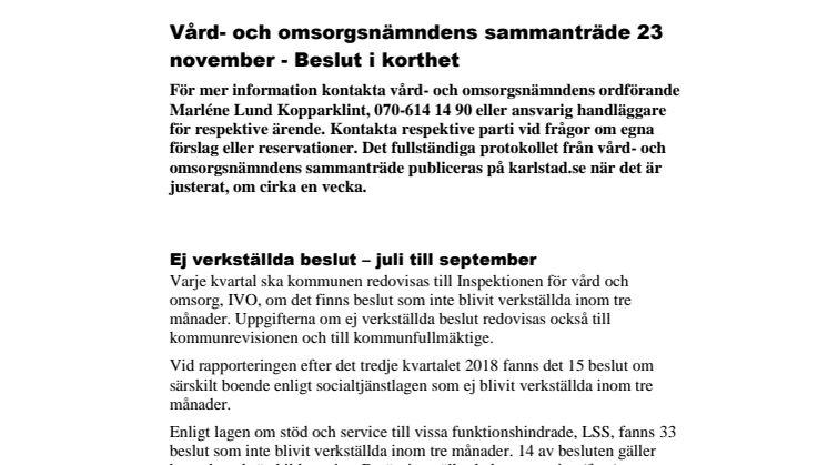 Vård- och omsorgsnämndens beslut i korthet 23 november