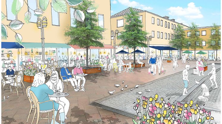 Härnösands centrum ska bli en levande mötesplats med bland annat gratis wi-fi och fler restauranger och kaféer. Illustration: ElinderSten Arkitekter