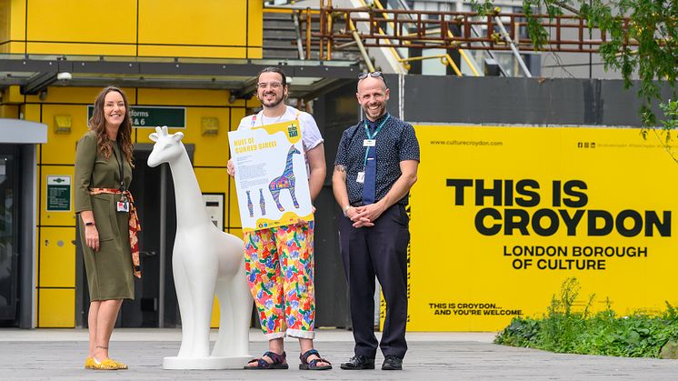 From left: Operations Manager at  Crisis Skylight Croydon, Tarron Pearson, artist, Aaron Bevan, and station manager, Paddy Hawksworth, show their excitement for the upcoming art trail