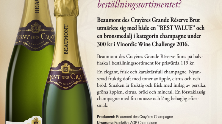 Beaumont des Crayères Grande Réserve- prisbelönt Champagne på halvflaska för prisvärda 119 kr!