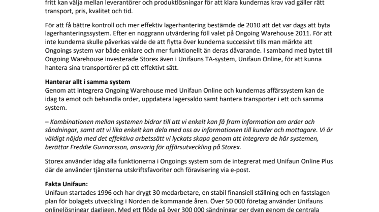 Storex satsar på effektivitet och kvalitet i lagerhantering och transportadministration