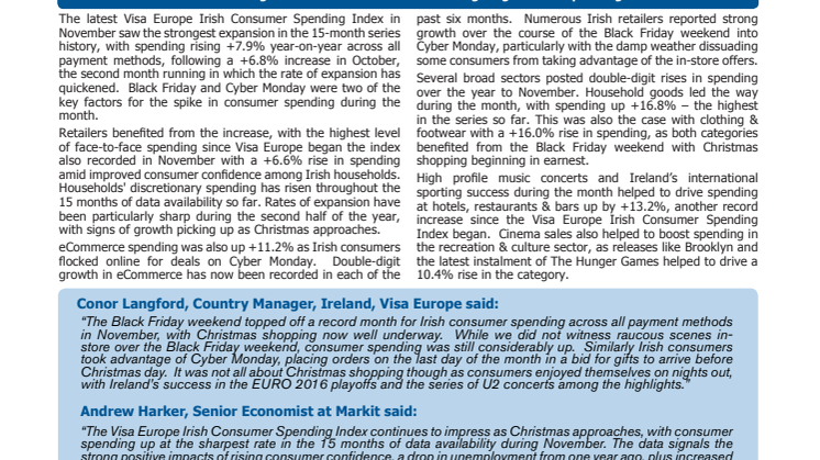  Visa Europe's Irish Consumer Spending Index - 9 December 2015