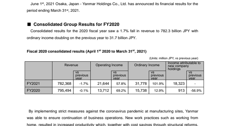 Yanmar Announces FY2020 Financial Results