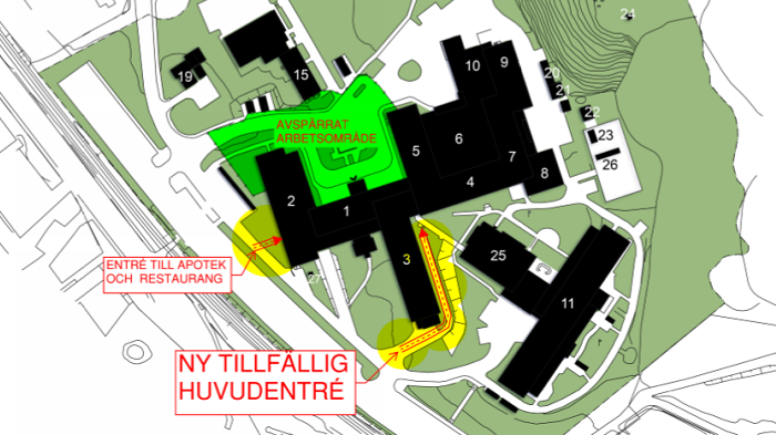 I januari kommer en ny tillfällig huvudentré att ersätta de alternativa entréer som nu används vid Avesta lasarett. Orangea skyltar kommer tydligt att visa var den nya huvudentrén finns..