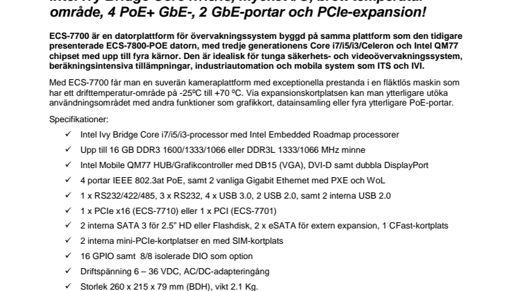 Vecow ECS-7700 – en kompakt, fläktlös industri-PC 