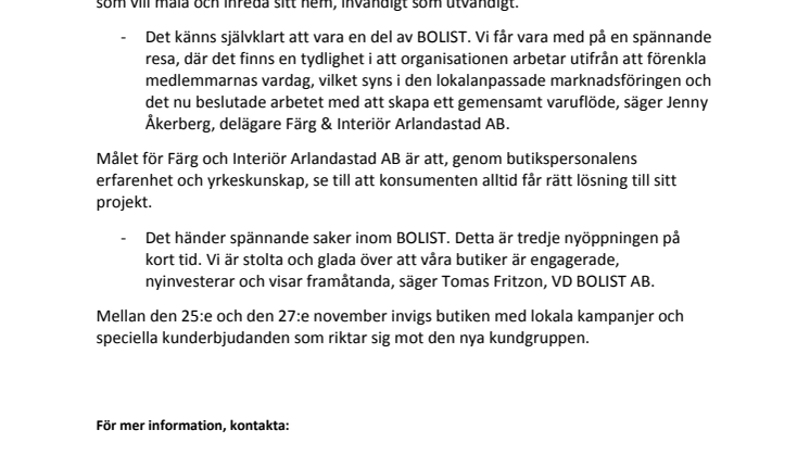 BOLIST ÖPPNAR NY BUTIK I ARLANDASTAD