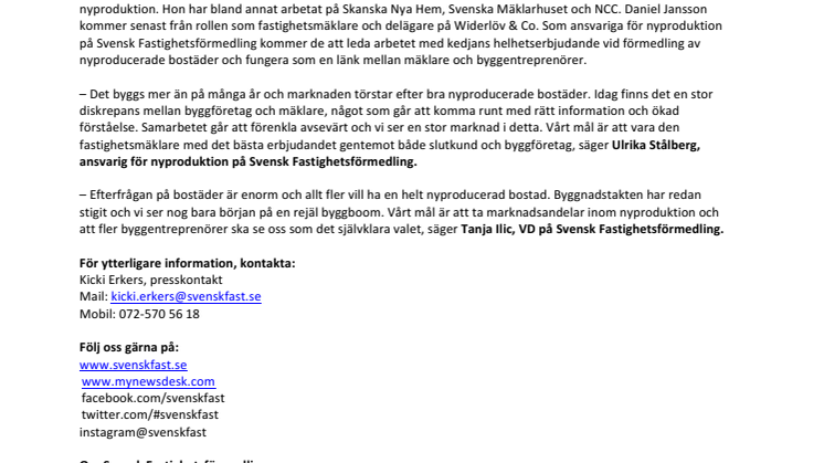 Svensk Fastighetsförmedling satsar på nyproduktion