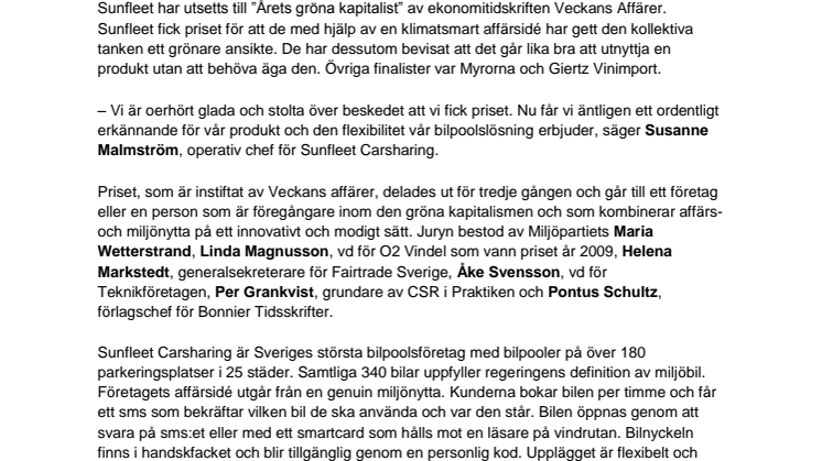 Sunfleet Carsharing är ”Årets gröna kapitalist”