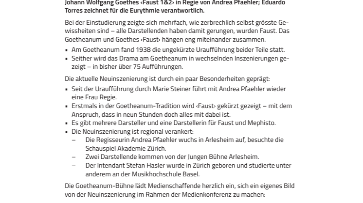 Medienkonferenz: Premiere der Neuinszenierung von Johann Wolfgang Goethes ‹Faust 1&2› am Goetheanum