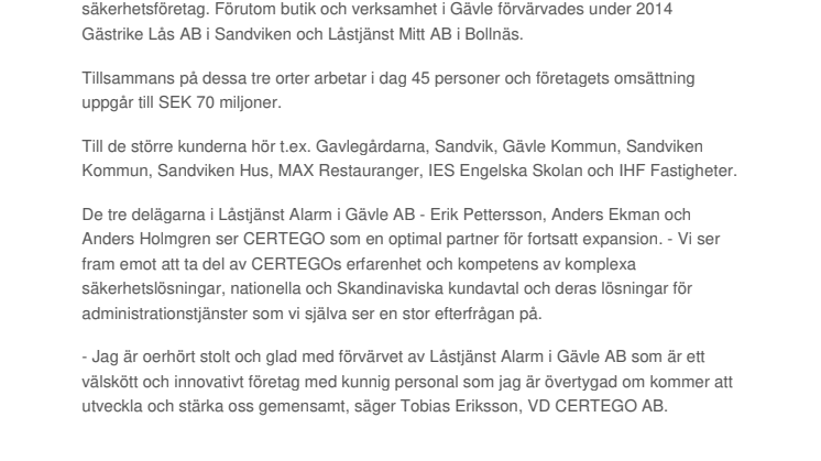 CERTEGO AB förvärvar Låstjänst Alarm i Gävle AB