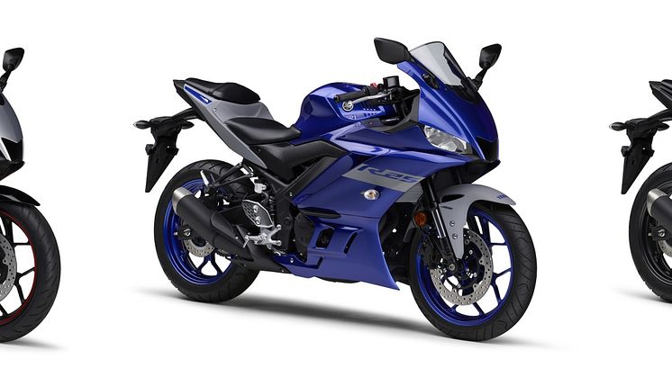 写真左より、「YZF-R3 ABS」マットシルバー、「YZF-R25 ABS」ブルー、「YZF-R25」マットブラック