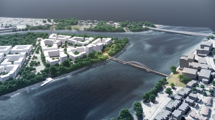 Bilden visar en illustration av hur gång- och cykelbroarna planeras att placeras. Broarna sammanlänkar Norra Ön med Teg och konstnärligt Campus. Illustration: White arkitekter