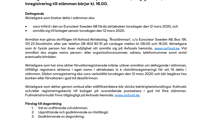 Kallelse till årsstämma 2020 i Axfood Aktiebolag