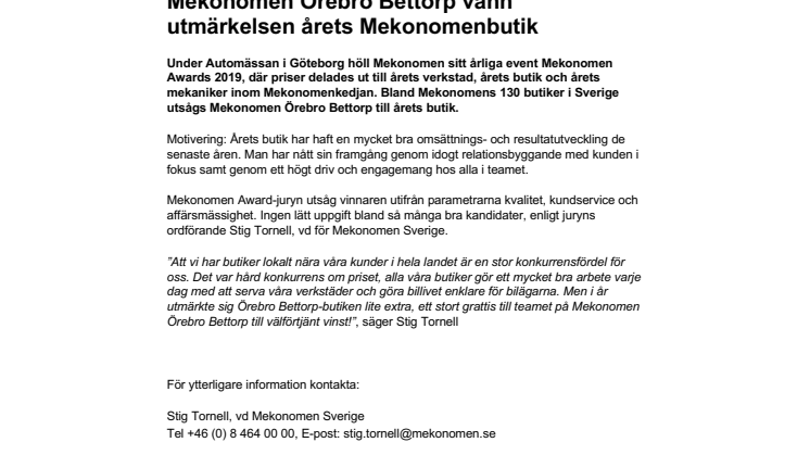 Mekonomen Örebro Bettorp vann utmärkelsen årets Mekonomenbutik
