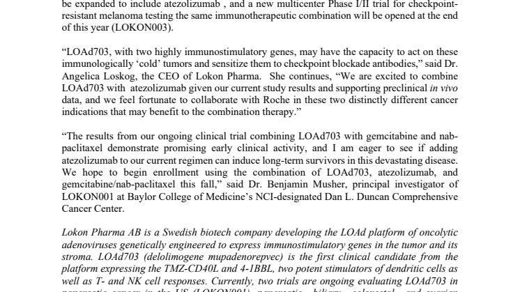 Lokon Pharma Announces Collaboration to Combine LOAd703 Oncolytic Virotherapy with Checkpoint Blockade in Pancreatic Cancer and Melanoma