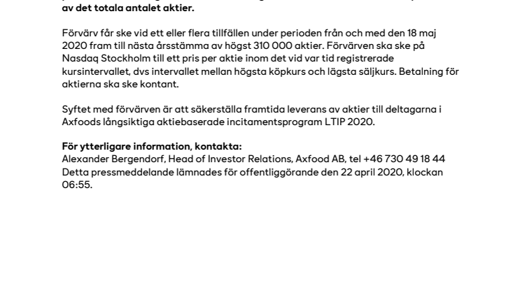 Axfoods styrelse har beslutat om förvärv av egna aktier