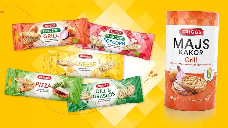 Smarta snackpacks med folkets favoriter – glutenfria majskakor från Friggs. Och med Friggs Majskakor Grill kan du njuta av ”grillat” året om – garanterat utan grillförbud.