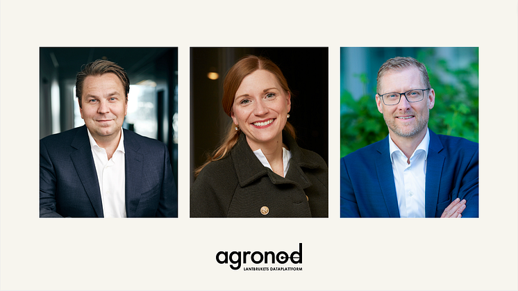 Arla Sverige och HKScan Sverige kliver in som två nya ägare i Agronod. På bilden: Kai Gyllström vd Arla Sverige, Emilia Liljeström vd Agronod, Lars Appelqvist vd HKScan Sverige.