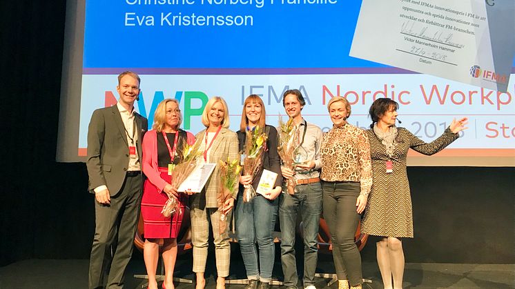 Victor Mannerholm-Hammar - IFMA, Christine Norberg-Francille  & Eva Kristensson - Sodexo, Elin Vestberg & Morten Diesen - Lingio, Karin Adelsköld - prisutdelare, Karin Ståhl - IFMA 
