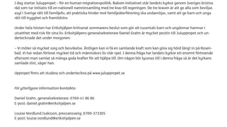 Erikshjälpens generalsekreterare välkomnar Juluppropet för en human migrationspolitik