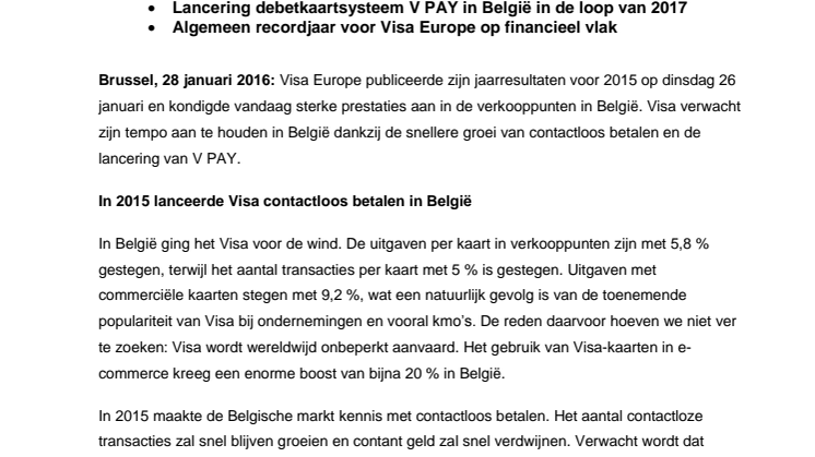 Visa Europe blijft sneller groeien in België, mede dankzij de lancering van contactloos betalen