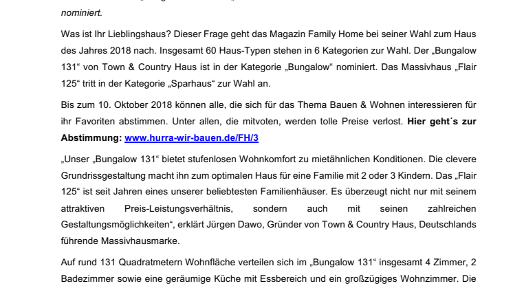 Haus des Jahres 2018: Town & Country Massivhäuser nominiert