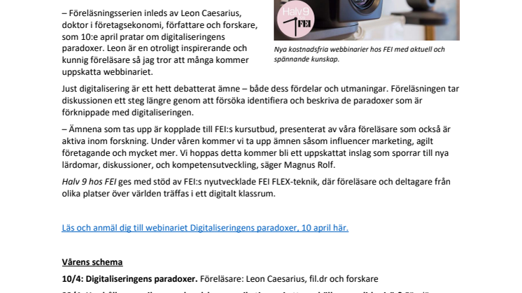 Halv 9 hos FEI – direktsända webbinarier med aktuell kunskap!