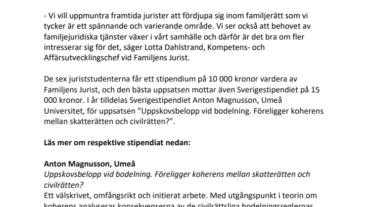 Sex juridikstudenter tilldelas Familjens Jurist-stipendiet 2019