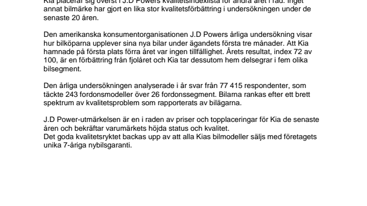Kia toppar återigen J.D Powers kvalitetsindex