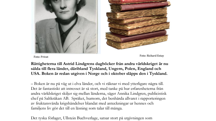 Astrid Lindgrens Krigsdagböcker 1939-1945 ges ut i flera länder