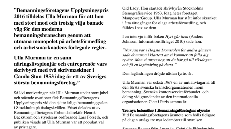 Bemanningsföretagens årsmöte och gala: Ulla Murman Upplysningspristagare – tre nya i styrelsen