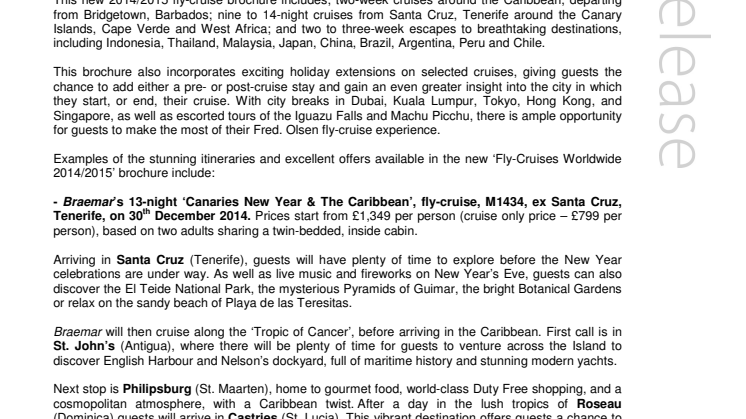 Fred. Olsen Cruise Lines launches new ‘Fly-Cruises Worldwide 2014/2015’ brochure 