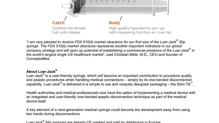 US FDA 510(k) Clearance for Luer-Jack® Slip syringe