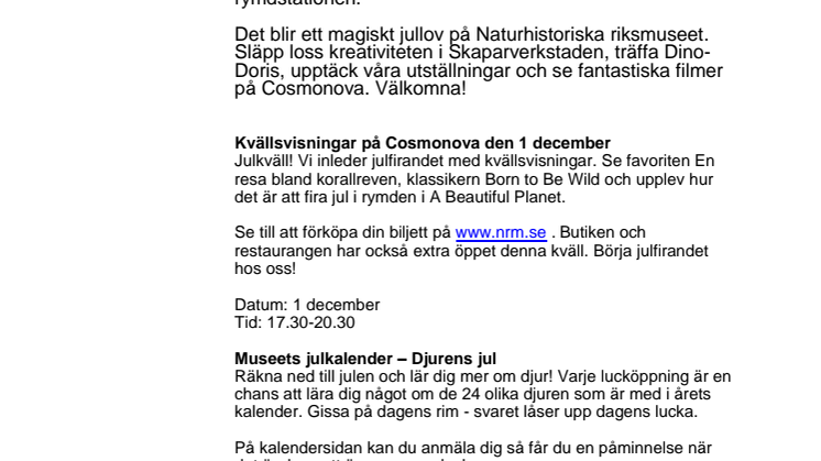 Det händer på Naturhistoriska riksmuseet i december