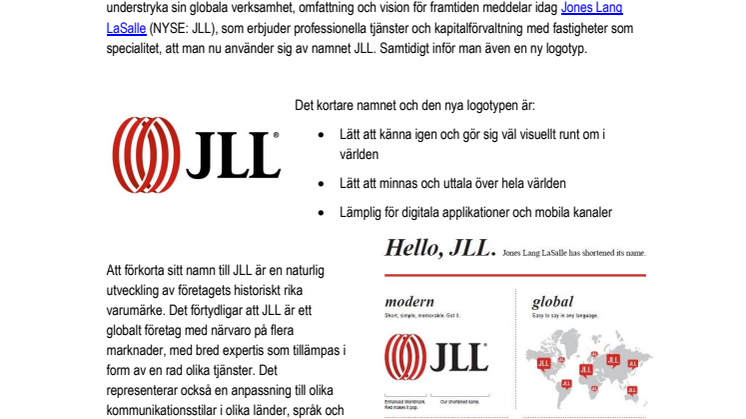 Jones Lang LaSalle förkortar sitt namn till JLL och lanserar ny logotyp 