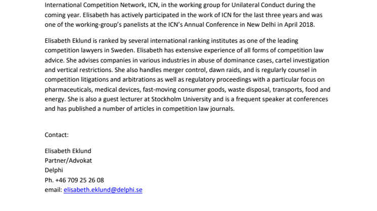 Elisabeth Eklund has once again been appointed as Non-Governmental Advisor for the Swedish Competition Authority within the International Competition Network