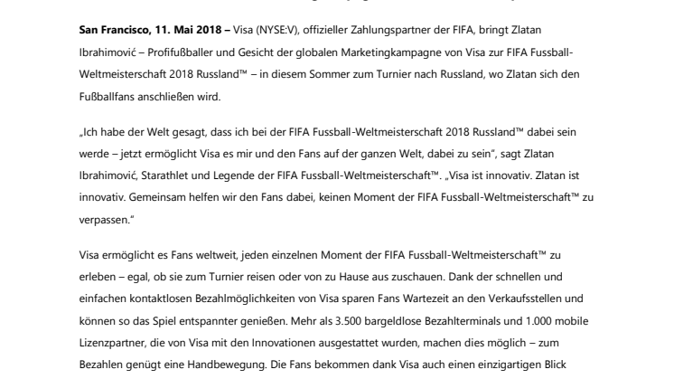 Visa bringt Zlatan Ibrahimović zur  FIFA Fussball-Weltmeisterschaft 2018 Russland™